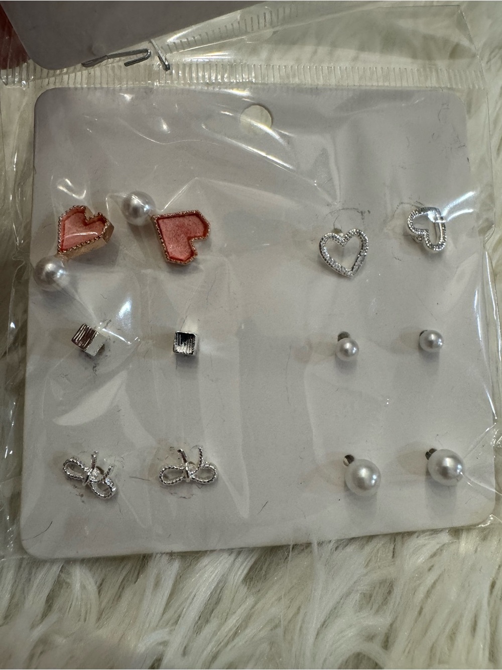 Mixed Earring Set of 6 with Pink Heart bows and Pearls